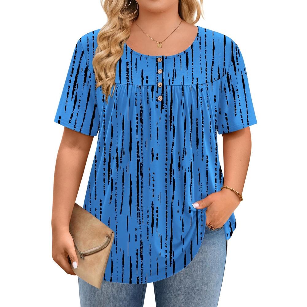 NWT IN'VOLAND Women's Blue Printed Short Sleeve Blouse Women's Size 1X